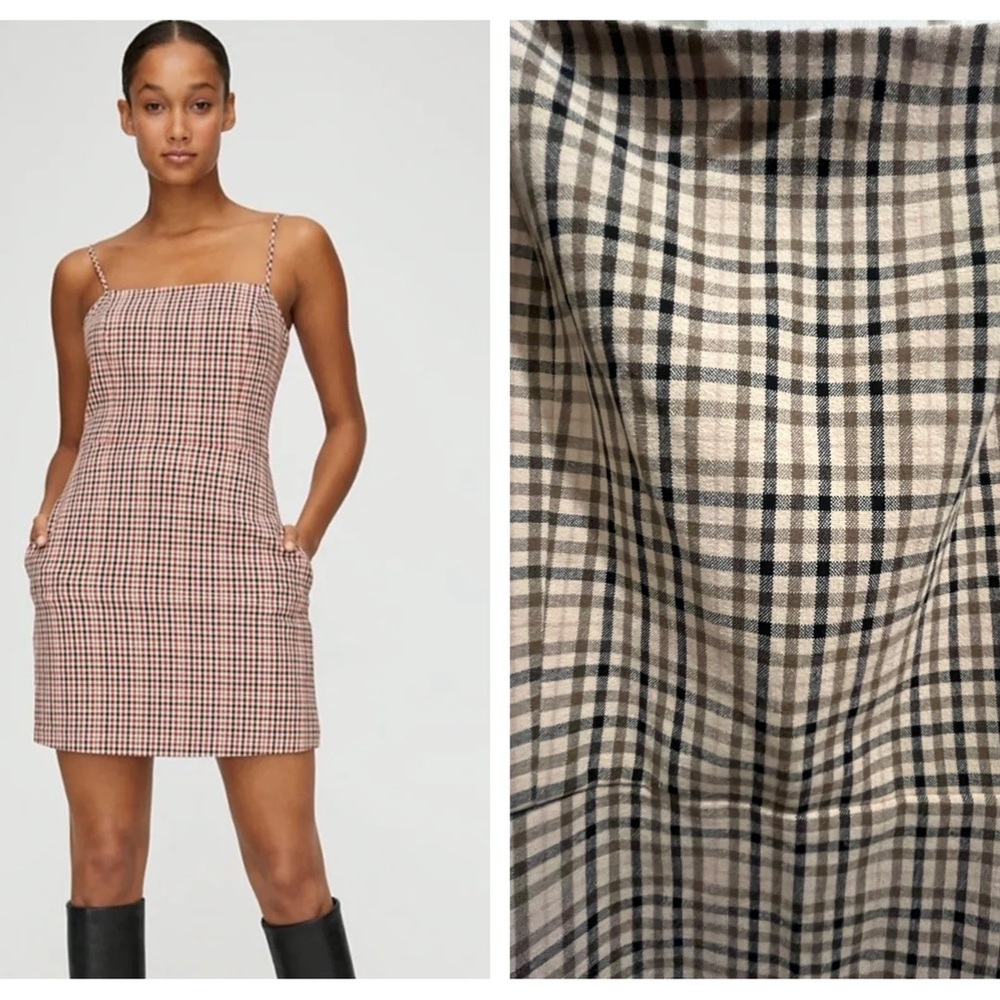 Wilfred Aritzia Isabelle tan brown gingham mini dress size 4